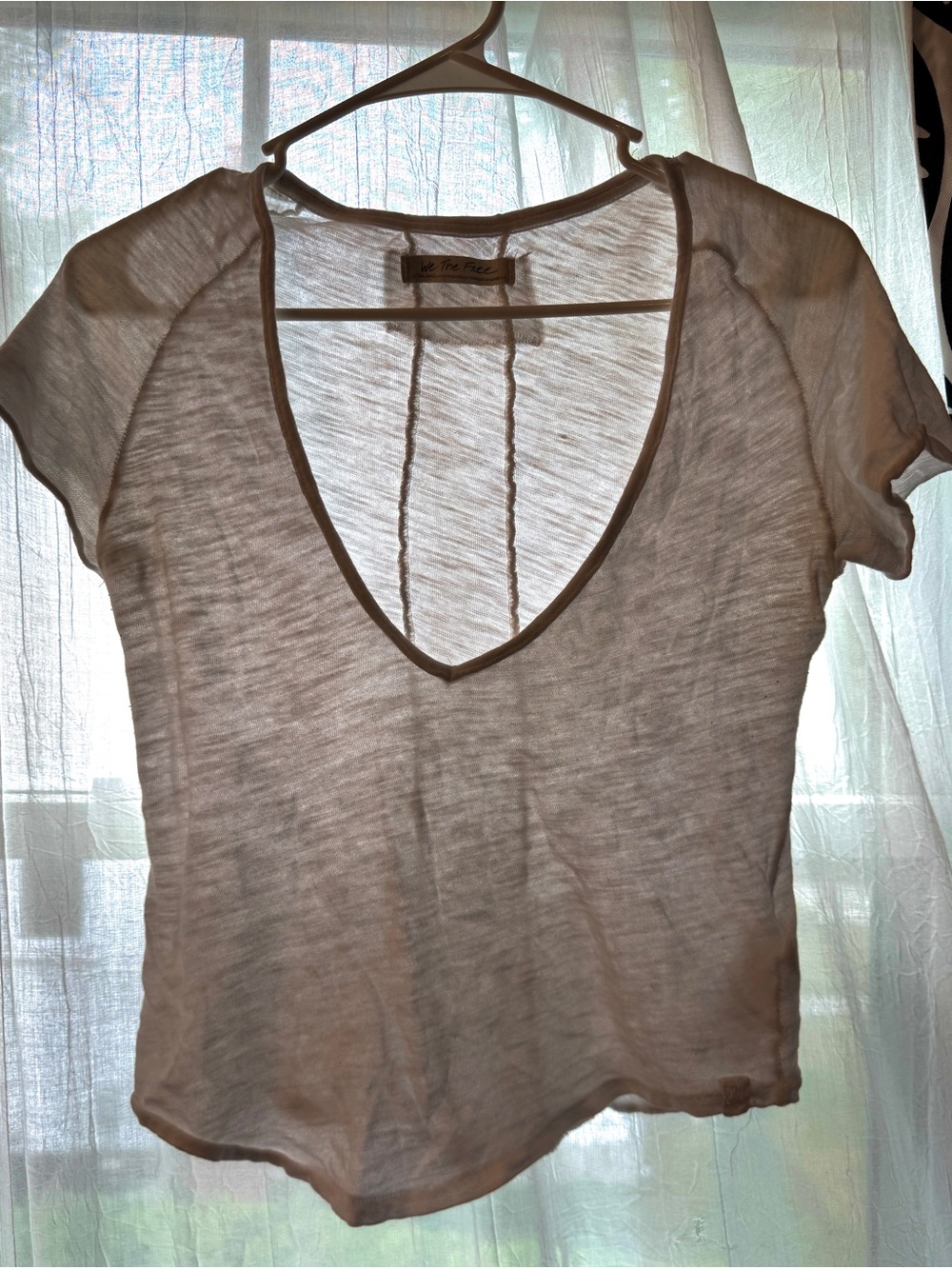 Free People white, Sheer Short-Sleeve cotton V-Neck Tee